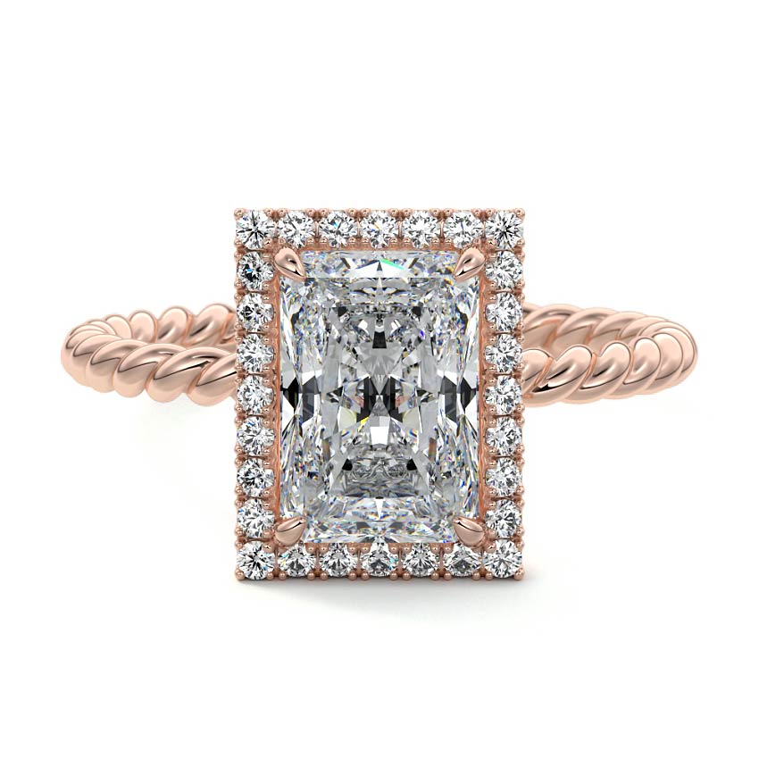 Rose gold Radiant Diamond Engagement Ring with Halo and Twisted Band