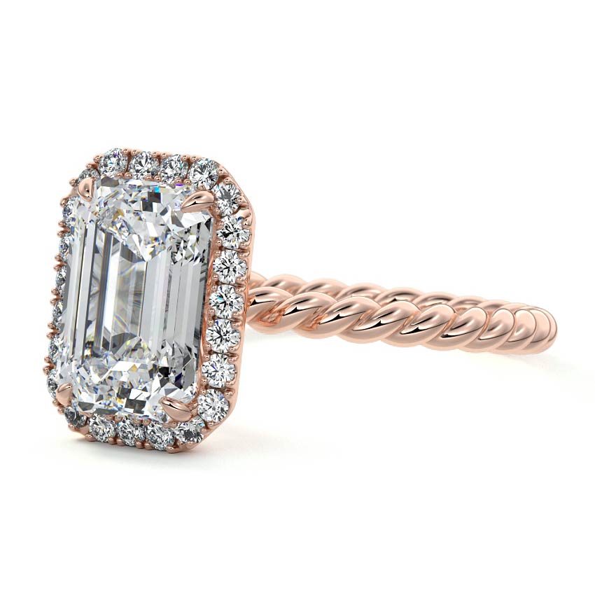 Rose gold Emerald Diamond Engagement Ring with Halo and Twisted Band