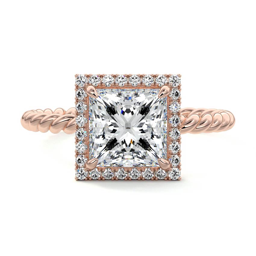 Rose gold Princess Diamond Engagement Ring with Halo and Twisted Band