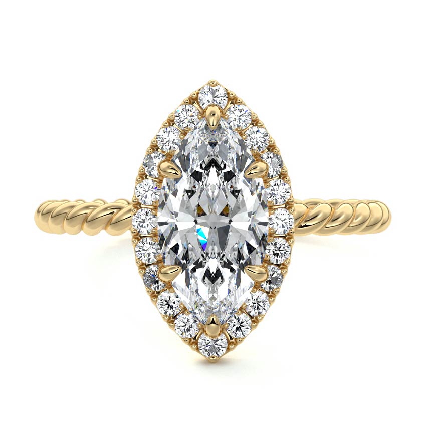 Yellow gold Marquise Diamond Engagement Ring with Halo and Twisted Band