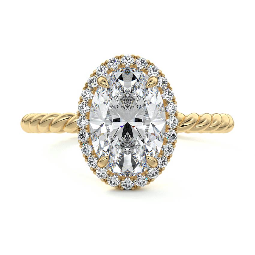 Yellow gold Oval Diamond Engagement Ring with Halo and Twisted Band