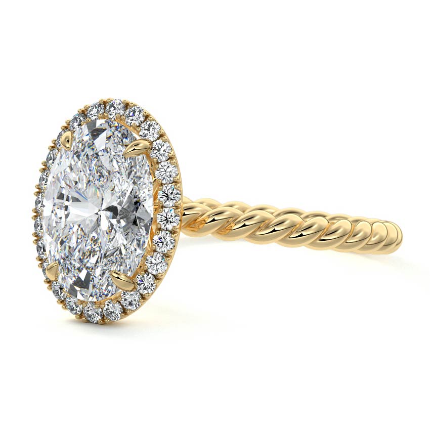 Yellow gold Oval Diamond Engagement Ring with Halo and Twisted Band