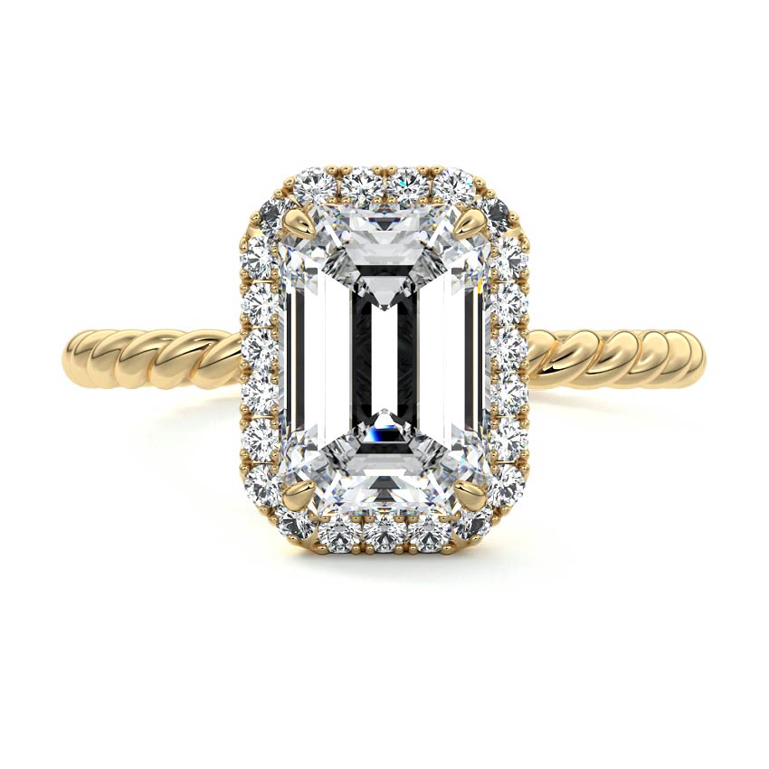Yellow gold Emerald Diamond Engagement Ring with Halo and Twisted Band