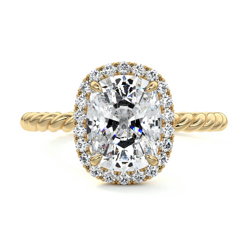 Yellow gold Cushion Diamond Engagement Ring with Halo and Twisted Band