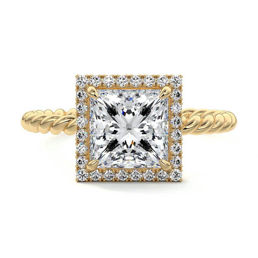 Yellow gold Princess Diamond Engagement Ring with Halo and Twisted Band