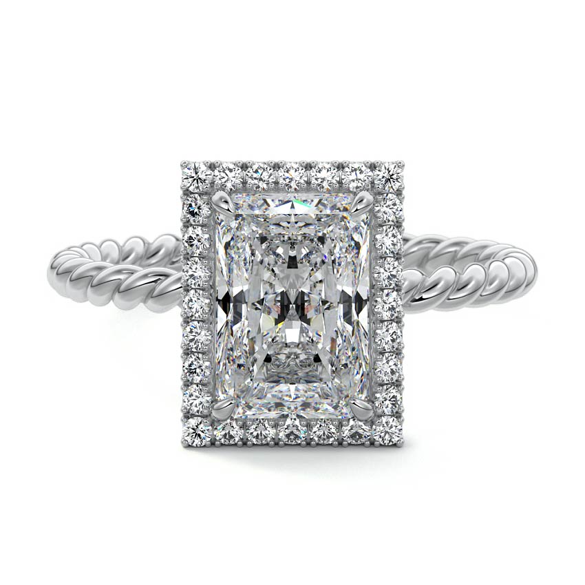 White gold Radiant Diamond Engagement Ring with Halo and Twisted Band