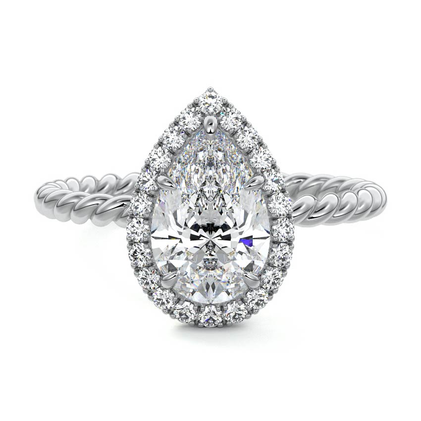 Silver Pear Diamond Engagement Ring with Halo and Twisted Band