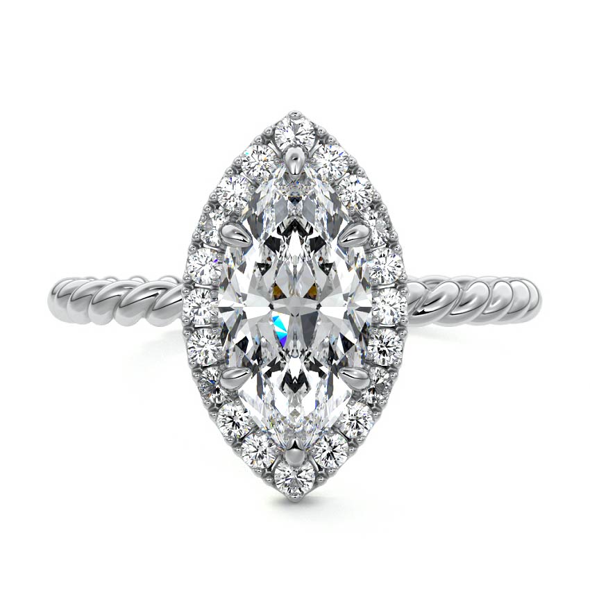 Silver Marquise Diamond Engagement Ring with Halo and Twisted Band