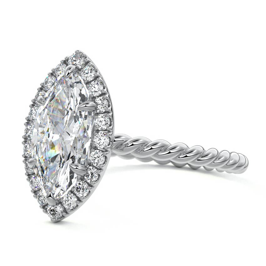 Silver Marquise Diamond Engagement Ring with Halo and Twisted Band