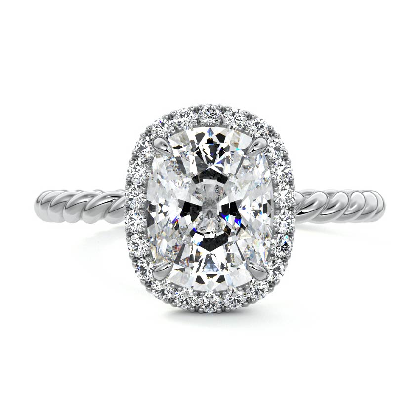 Platinum Cushion Diamond Engagement Ring with Halo and Twisted Band