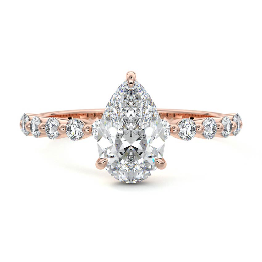 Rose gold Pear Diamond Hidden Halo Engagement Ring with Side Stones and Prong Setting