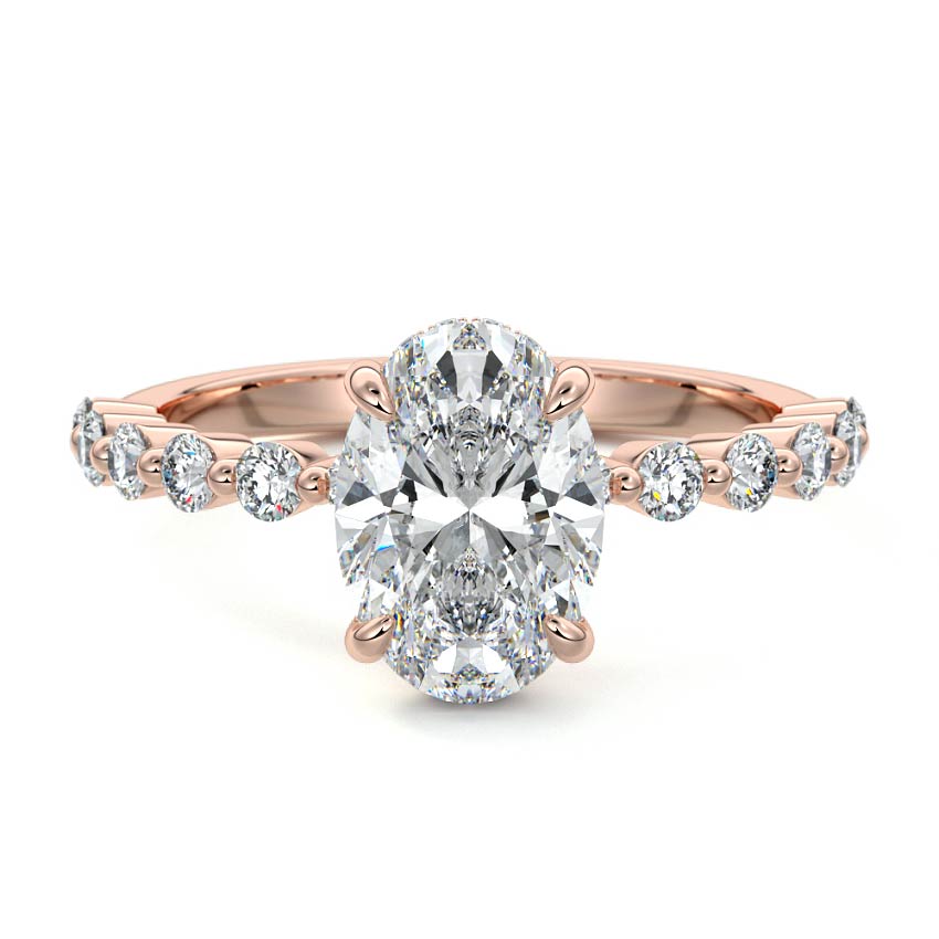 Rose gold Oval Diamond Hidden Halo Engagement Ring with Side Stones and Prong Setting