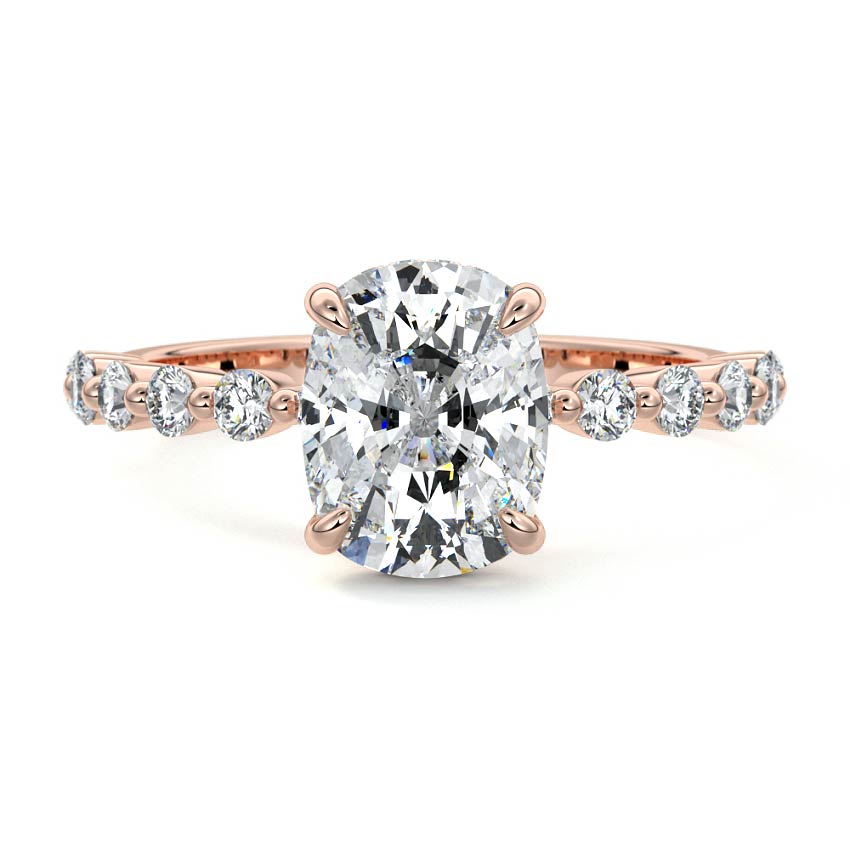Rose gold Cushion Diamond Hidden Halo Engagement Ring with Side Stones and Prong Setting