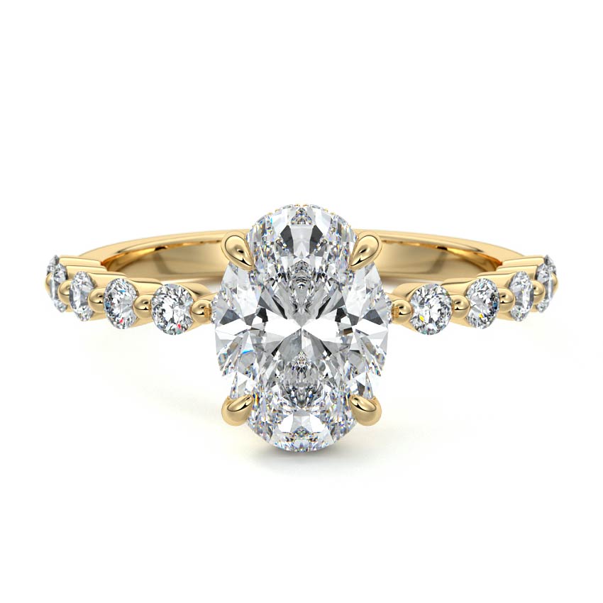 Yellow gold Oval Diamond Hidden Halo Engagement Ring with Side Stones and Prong Setting