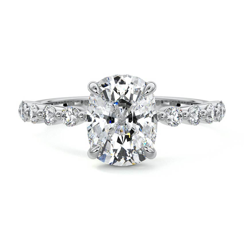 Silver Cushion Diamond Hidden Halo Engagement Ring with Side Stones and Prong Setting