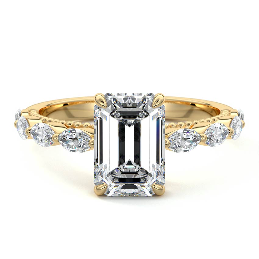 Yellow gold Emerald Diamond Engagement Ring with Marquise Side Stones and Prong Setting