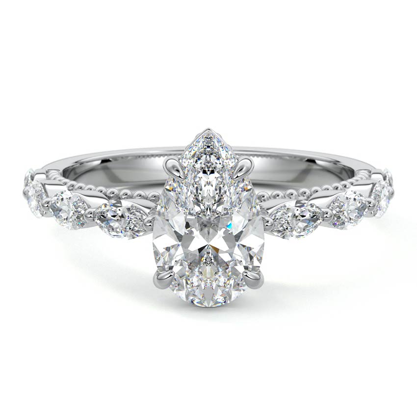 White gold Pear Diamond Engagement Ring with Marquise Side Stones and Prong Setting