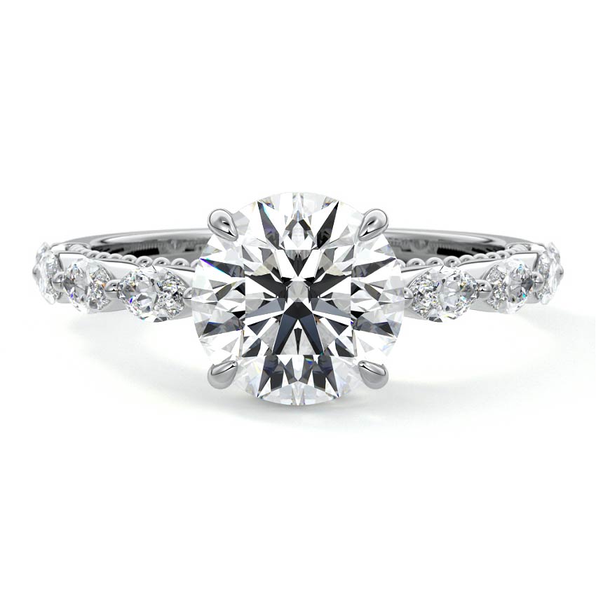 Silver Round Diamond Engagement Ring with Marquise Side Stones and Prong Setting