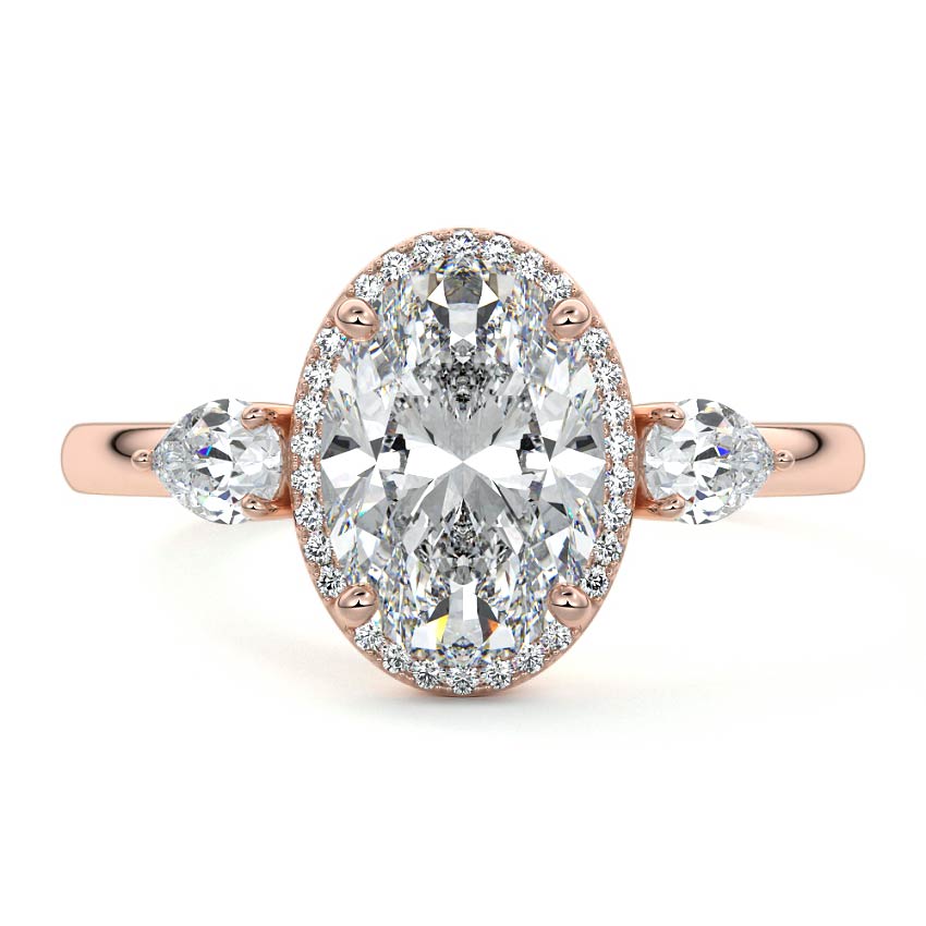 Rose gold Oval Diamond Halo Three-Stone Engagement Ring
