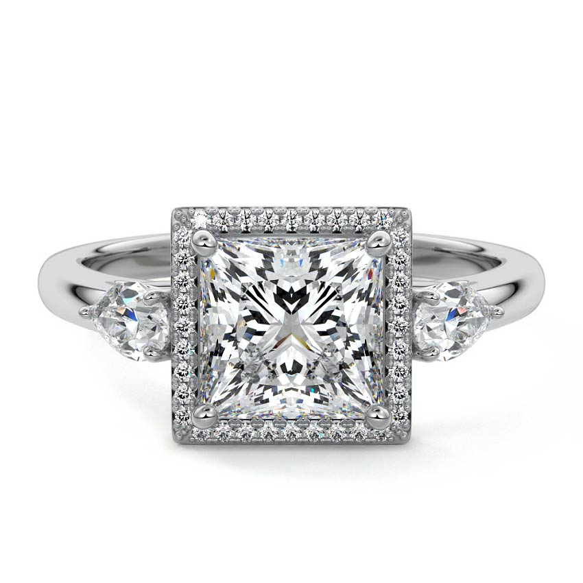 Silver Princess Diamond Halo Three-Stone Engagement Ring