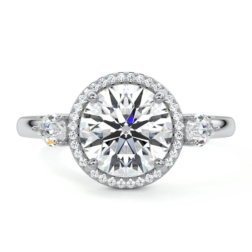 Platinum Round Diamond Halo Three-Stone Engagement Ring