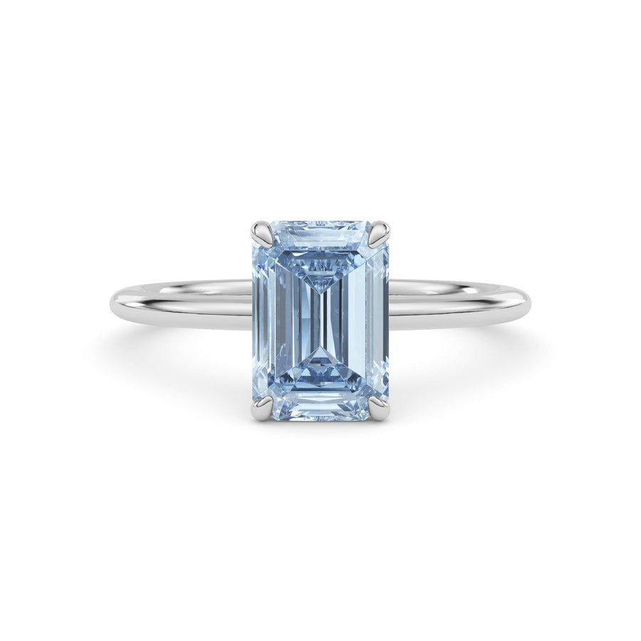 Silver Fancy Blue Emerald Cut Diamond Classic Solitaire Engagement Ring