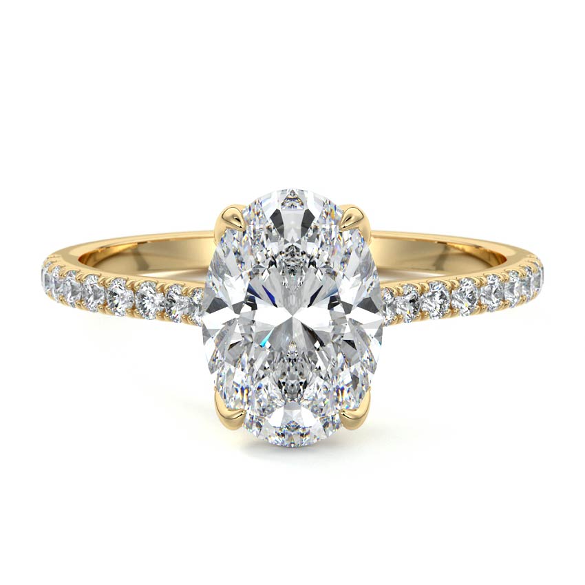 Yellow gold Oval Diamond Engagement Ring with Pavé Band and Hidden Halo