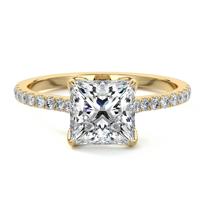 Yellow gold Princess Diamond Engagement Ring with Pavé Band and Hidden Halo
