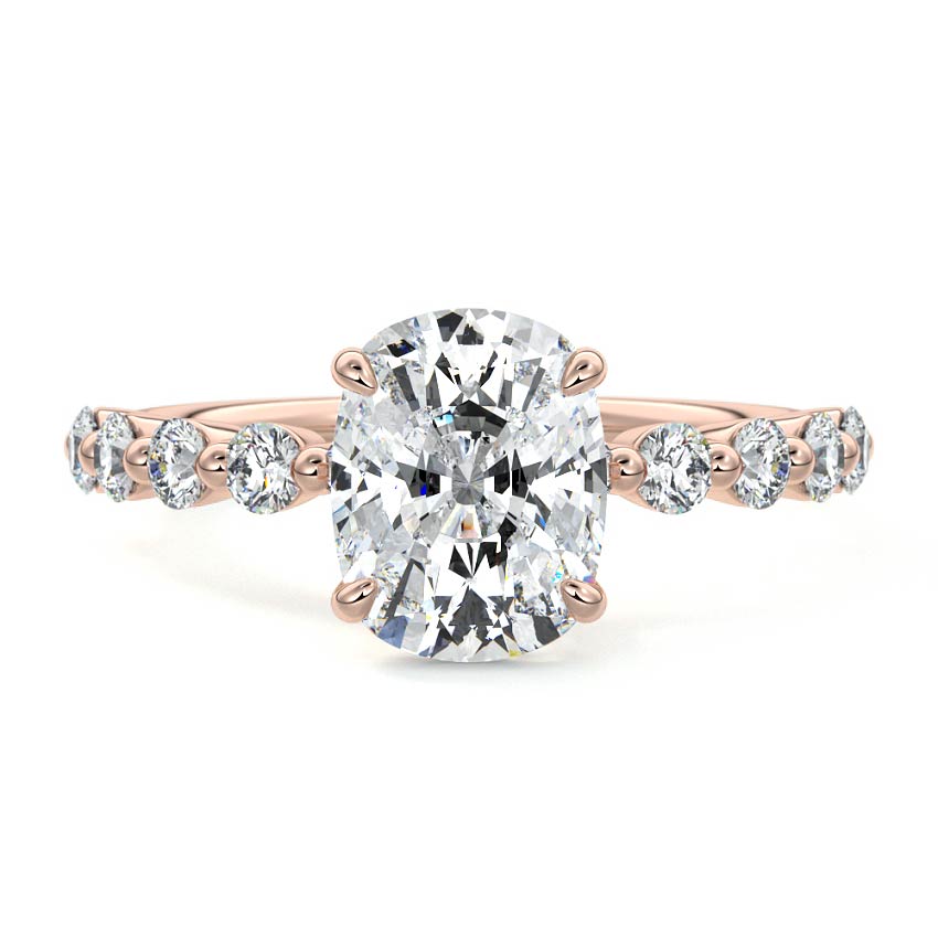 Rose gold Cushion Diamond Engagement Ring with Round Side Stones and Prong Setting