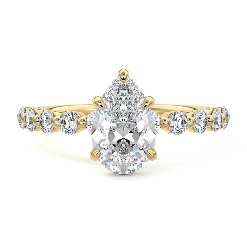 Yellow gold Pear Diamond Engagement Ring with Round Side Stones and Prong Setting