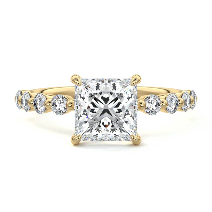Yellow gold Princess Diamond Engagement Ring with Round Side Stones and Prong Setting