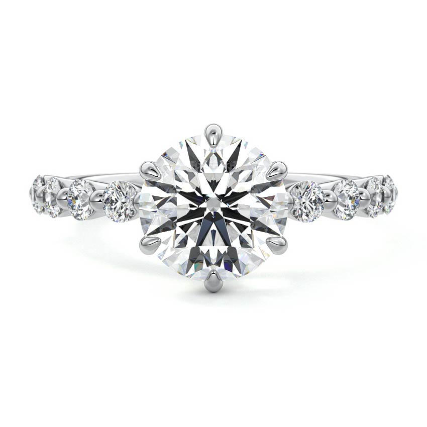 Platinum Round Diamond Engagement Ring with Round Side Stones and Prong Setting