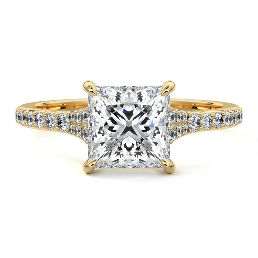 Yellow gold Princess Solitaire Diamond Engagement Ring with Tapered Pave Band