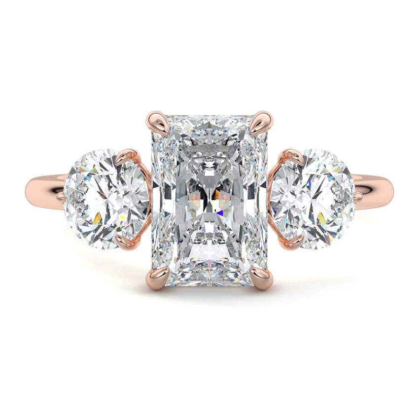 Rose gold Three-Stone Radiant Diamond Ring with Round Side Stones