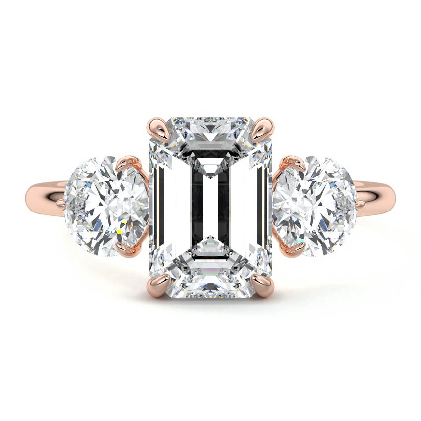 Rose gold Three-Stone Emerald Diamond Ring with Round Side Stones
