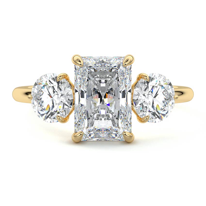 Yellow gold Three-Stone Radiant Diamond Ring with Round Side Stones