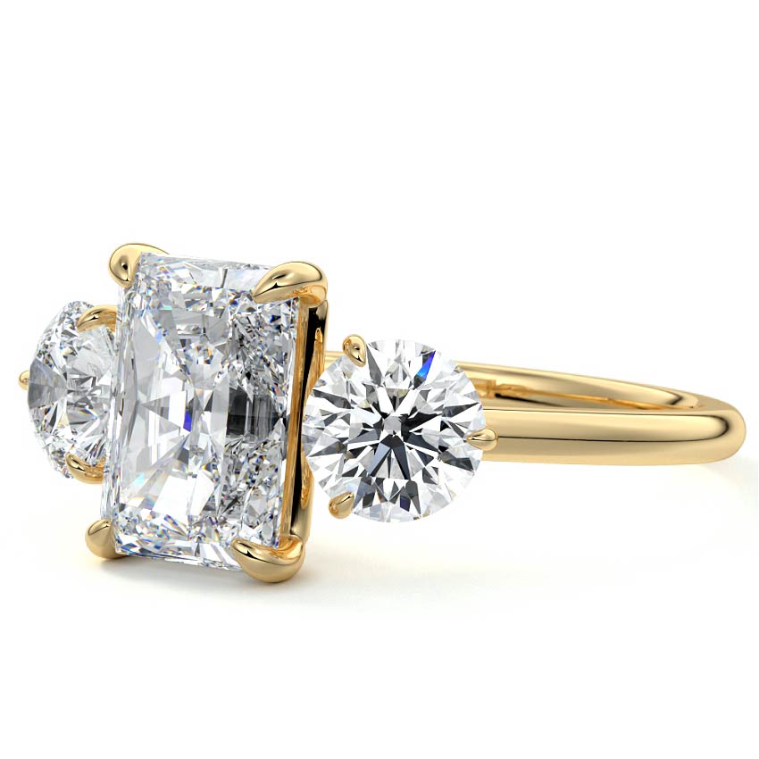 Yellow gold Three-Stone Radiant Diamond Ring with Round Side Stones