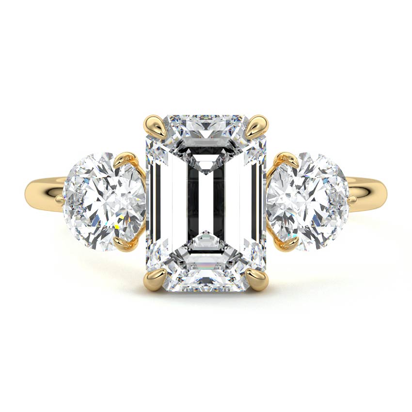 Yellow gold Three-Stone Emerald Diamond Ring with Round Side Stones