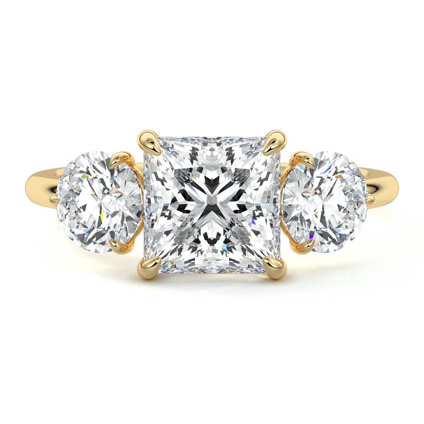 Yellow gold Three-Stone Princess Diamond Ring with Round Side Stones