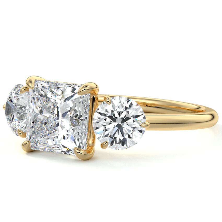 Yellow gold Three-Stone Princess Diamond Ring with Round Side Stones