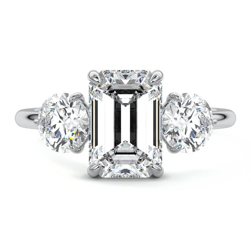 White gold Three-Stone Emerald Diamond Ring with Round Side Stones