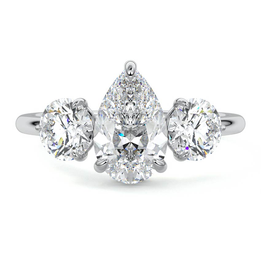 Platinum Three-Stone Pear Diamond Ring with Round Side Stones