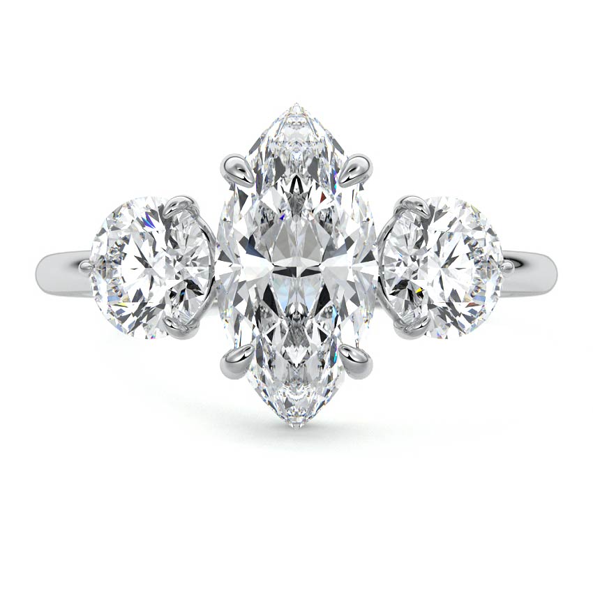 Platinum Three-Stone Marquise Diamond Ring with Round Side Stones