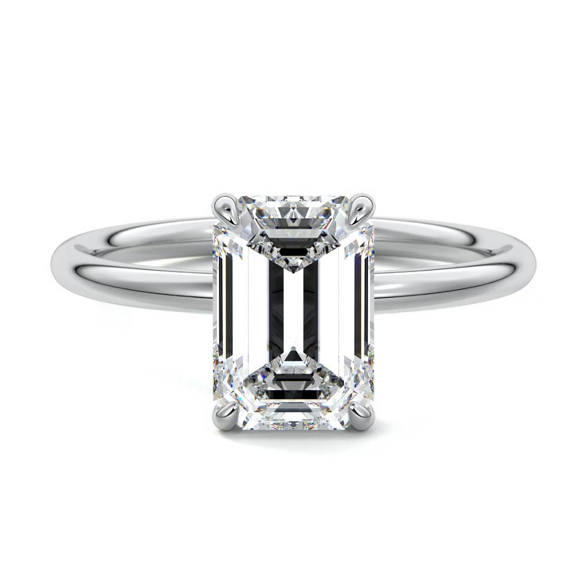 Silver Emerald Diamond Solitaire Engagement Ring with Twisted Cathedral Setting