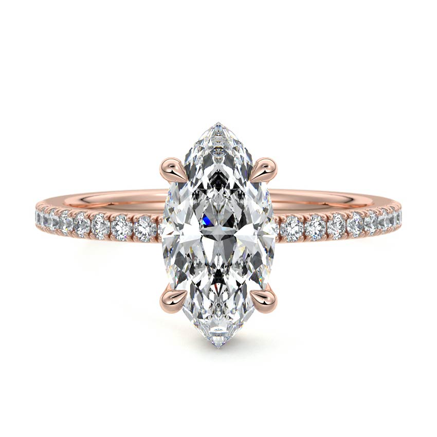 Rose gold Marquise Diamond Ring with Pavé Band and Hidden Halo