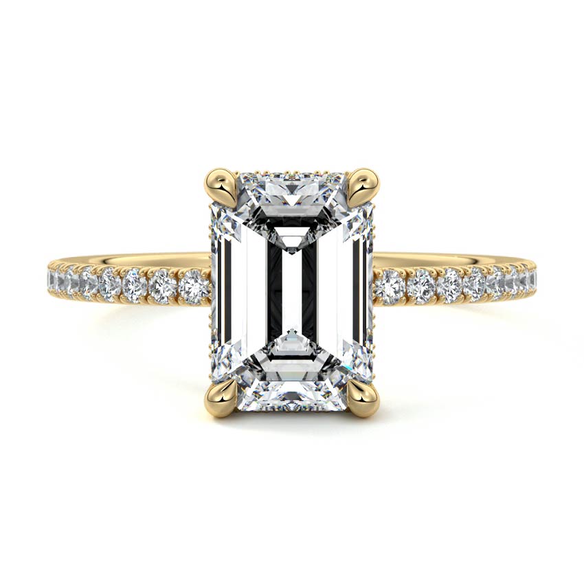 Yellow gold Emerald Diamond Ring with Pavé Band and Hidden Halo