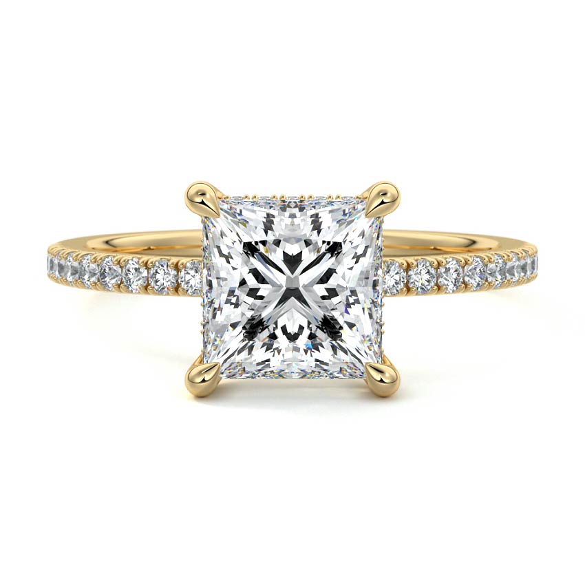 Yellow gold Princess Diamond Ring with Pavé Band and Hidden Halo