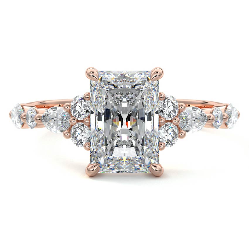 Rose gold Radiant Diamond Engagement Ring with Mixed Shape Side Stones and Prong Setting