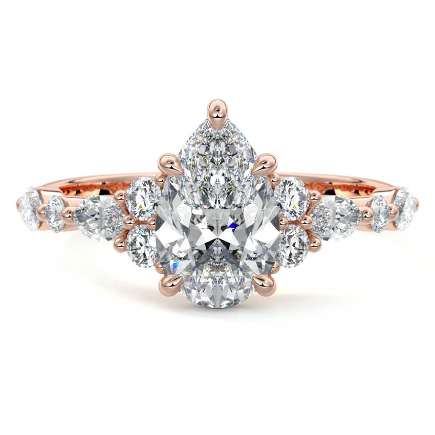 Rose gold Pear Diamond Engagement Ring with Mixed Shape Side Stones and Prong Setting