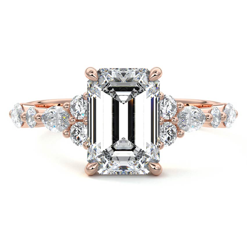 Rose gold Emerald Diamond Engagement Ring with Mixed Shape Side Stones and Prong Setting